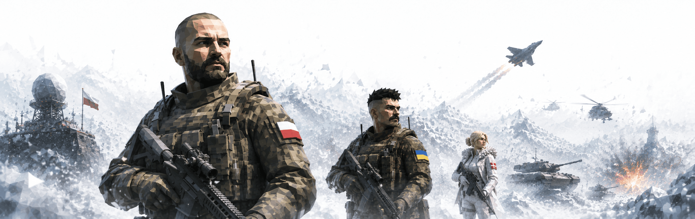 A Grunts squad on a snowy battlefield with jets and armor