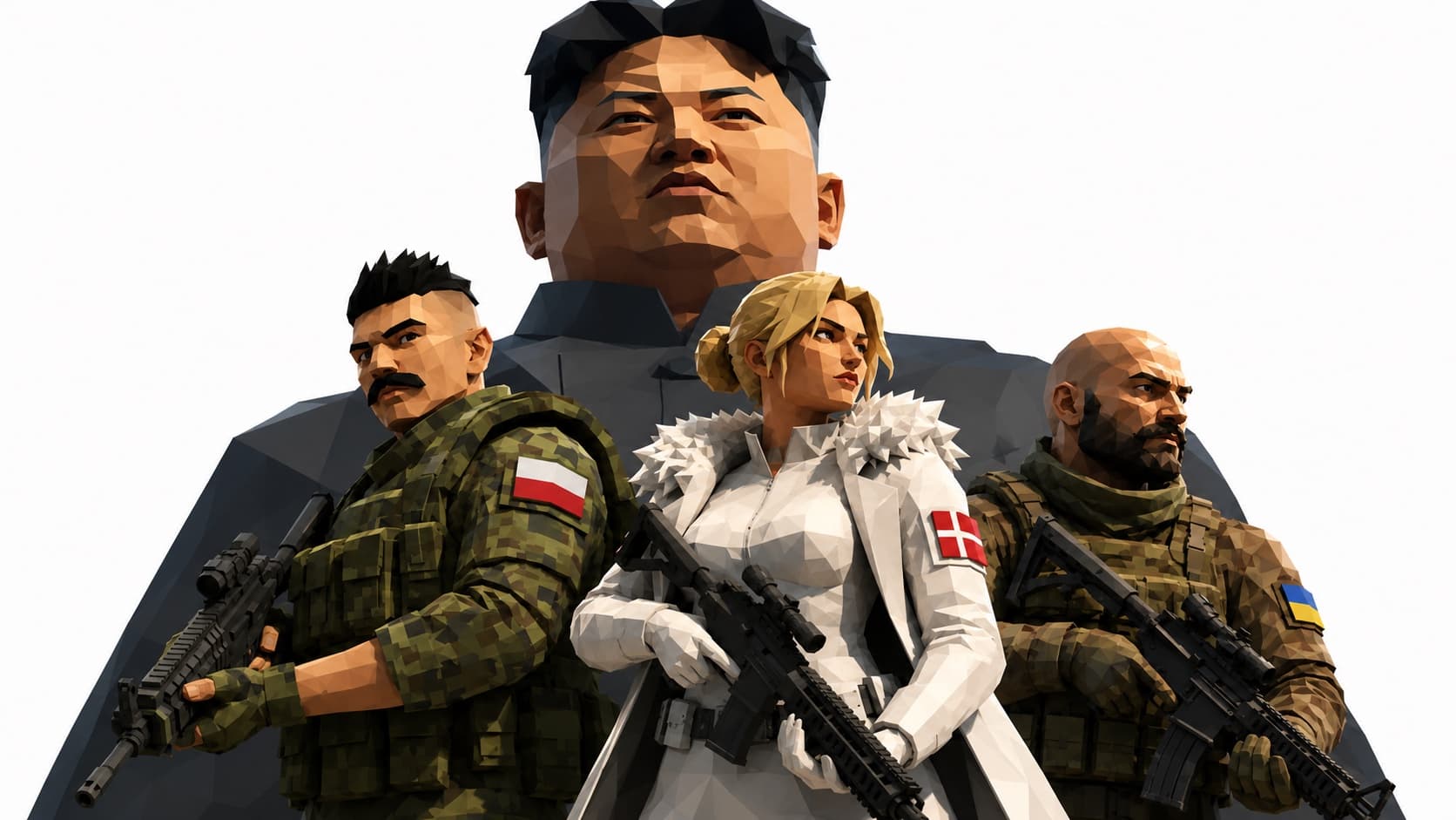 Kim Jong Un towering over Grunts operators from Poland, Denmark, and Ukraine — the cast of the war