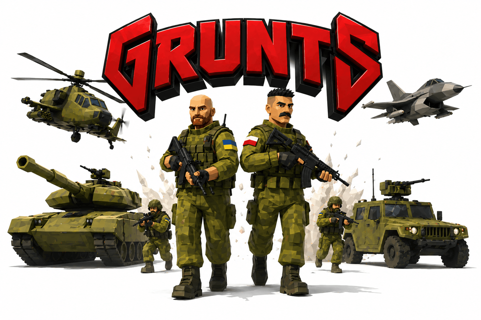 A Grunts squad with armor, air support, and the front behind them