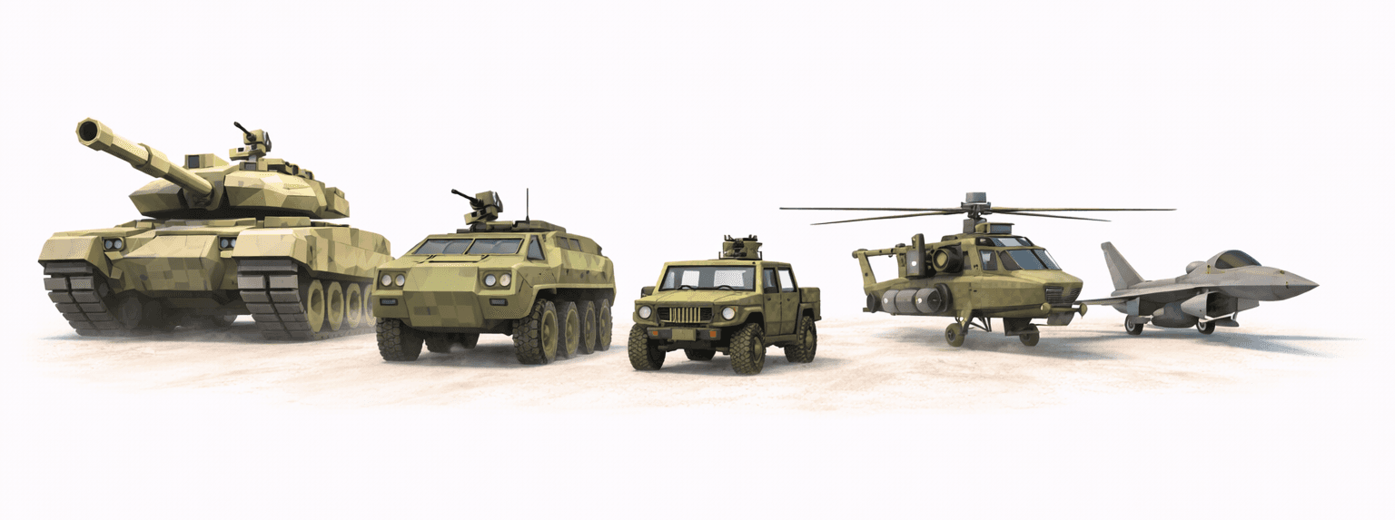 The Grunts motor pool — tank, APC, jeep, attack helicopter, and jet