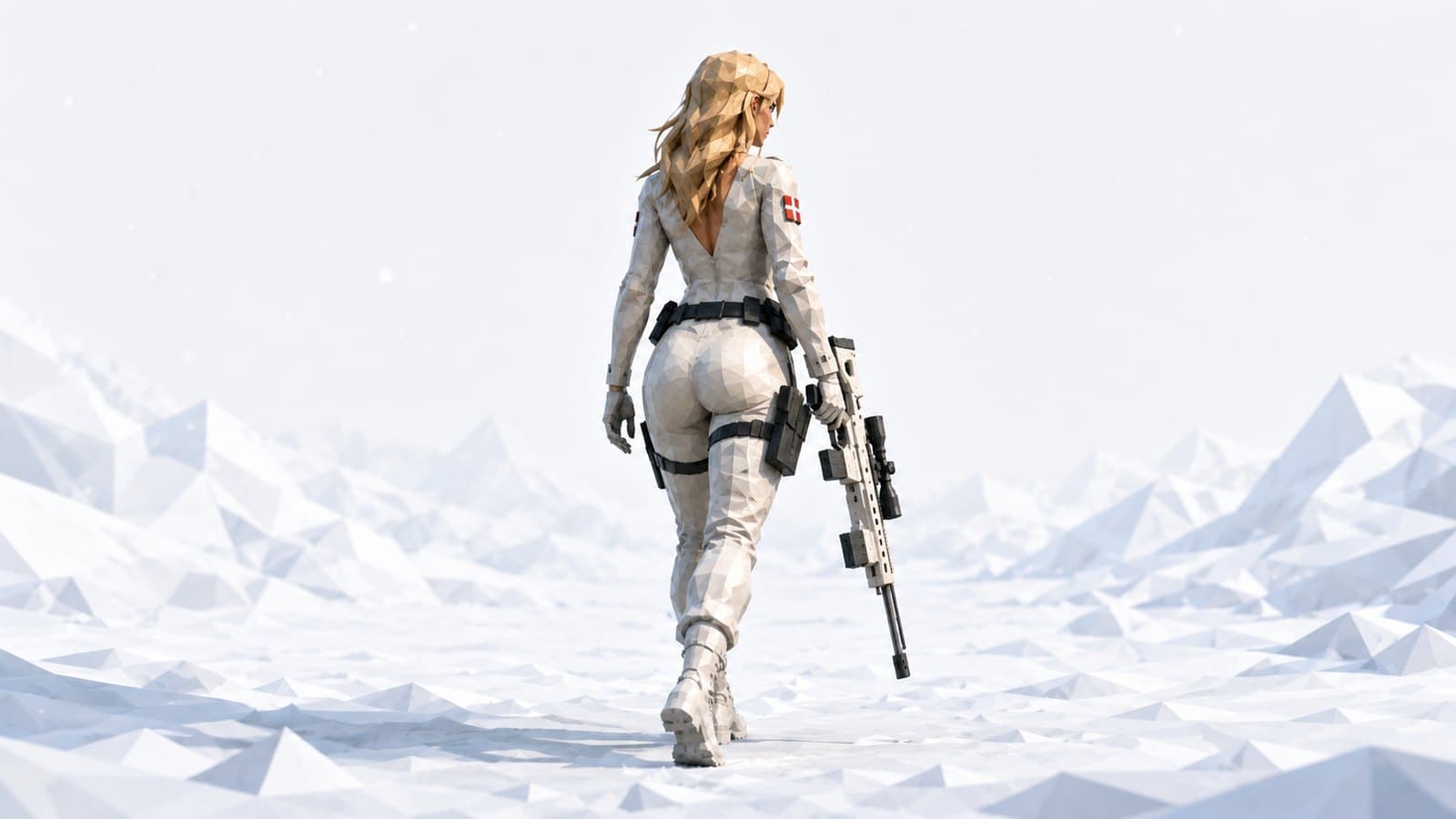 Freja Nielsen crossing the arctic front, sniper rifle in hand