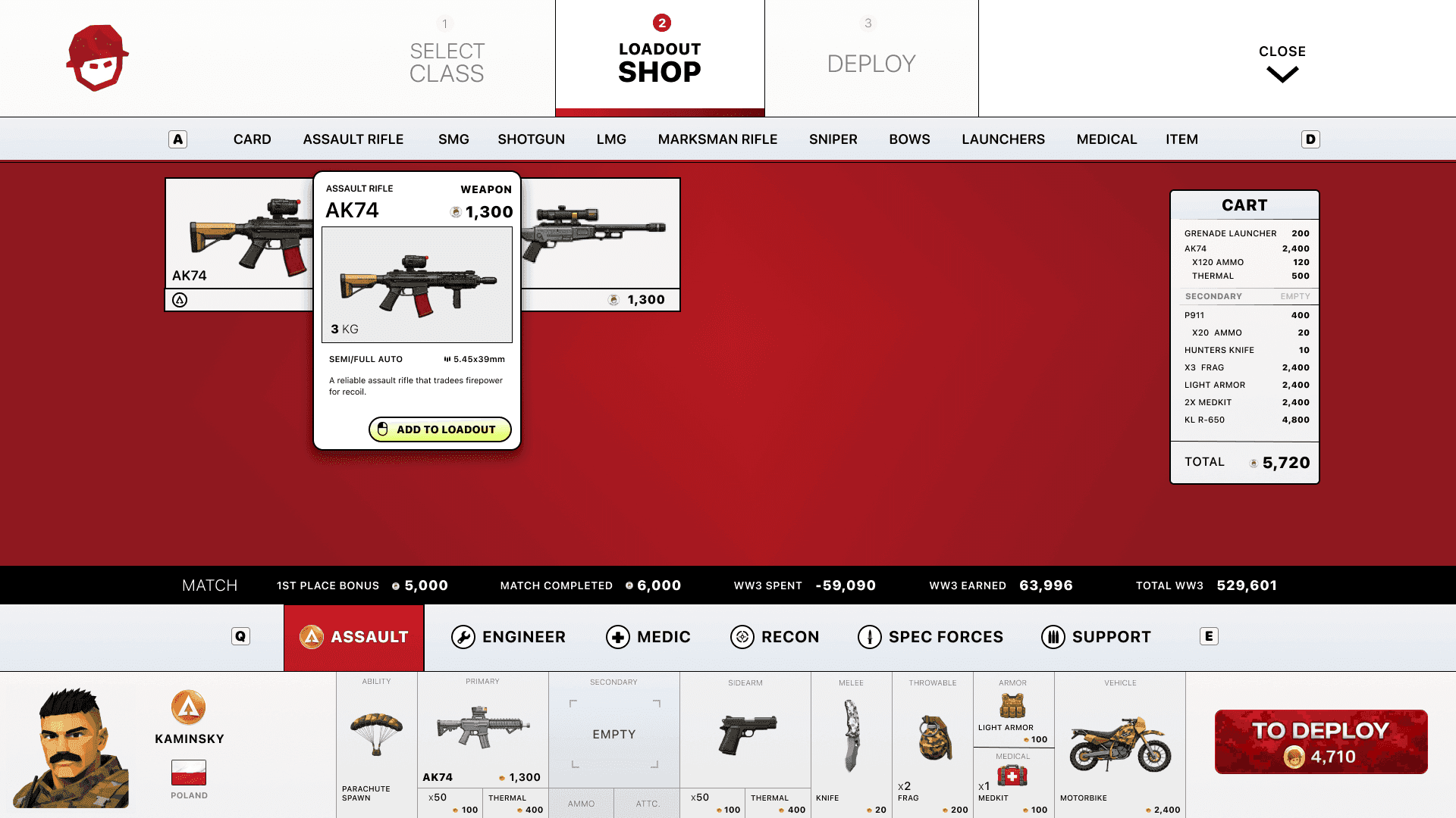 The in-game Grunts Loadout Shop — pick a class, buy weapons and gear with WW3, and watch your cart total before you deploy